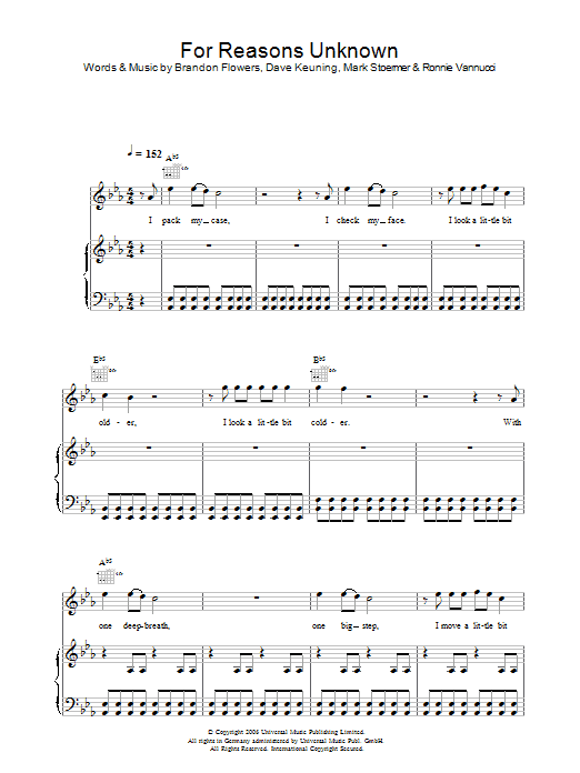 The Killers For Reasons Unknown sheet music notes and chords. Download Printable PDF.