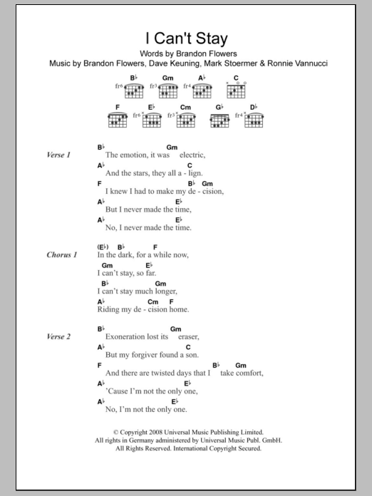 The Killers I Can't Stay sheet music notes and chords. Download Printable PDF.