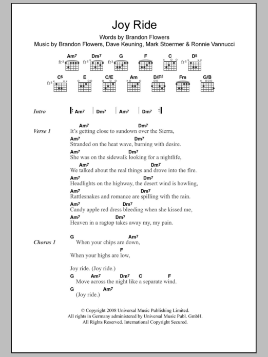 Learn to play The Killers Joy Ride sheet music for Guitar Chords/Lyrics in minutes. Price: 4.4900$ The Killers Joy Ride sheet music notes and chords arranged for Guitar Chords/Lyrics