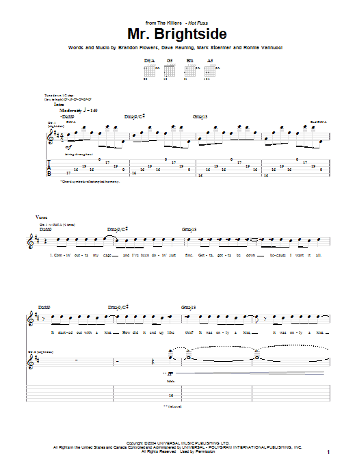 The Killers Mr. Brightside sheet music notes and chords. Download Printable PDF.