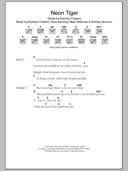 The Killers Neon Tiger sheet music notes and chords. Download Printable PDF.