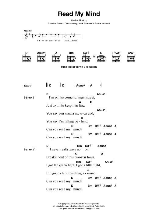 The Killers Read My Mind sheet music notes and chords. Download Printable PDF.