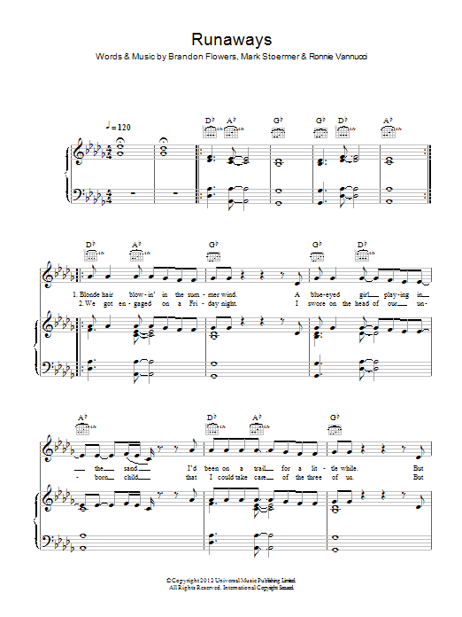 Learn to play The Killers Runaways sheet music for Piano, Vocal & Guitar Chords in minutes. Price: 7.8900$ The Killers Runaways sheet music notes and chords arranged for Piano, Vocal & Guitar Chords