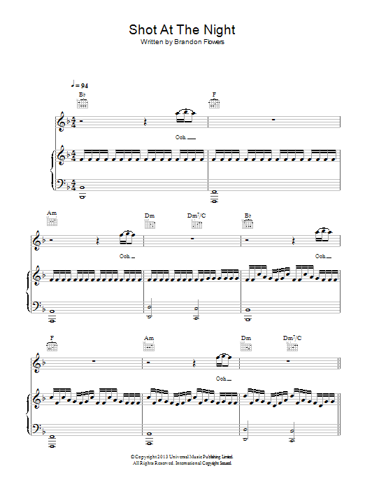 Learn to play The Killers Shot At The Night sheet music for Piano, Vocal & Guitar Chords in minutes. Price: 7.8900$ The Killers Shot At The Night sheet music notes and chords arranged for Piano, Vocal & Guitar Chords