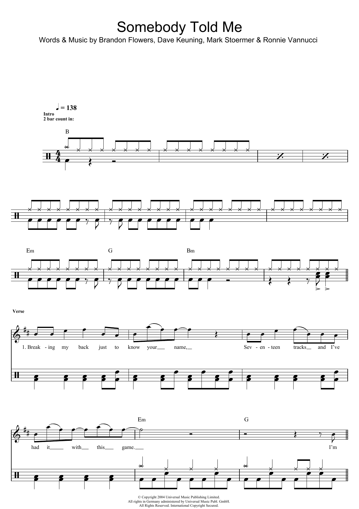 The Killers Somebody Told Me sheet music notes and chords. Download Printable PDF.