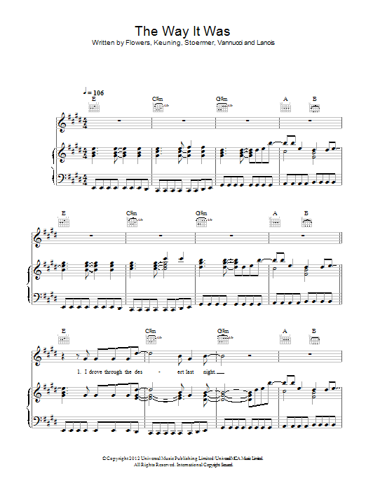 Learn to play The Killers The Way It Was sheet music for Piano, Vocal & Guitar Chords in minutes. Price: 7.8900$ The Killers The Way It Was sheet music notes and chords arranged for Piano, Vocal & Guitar Chords