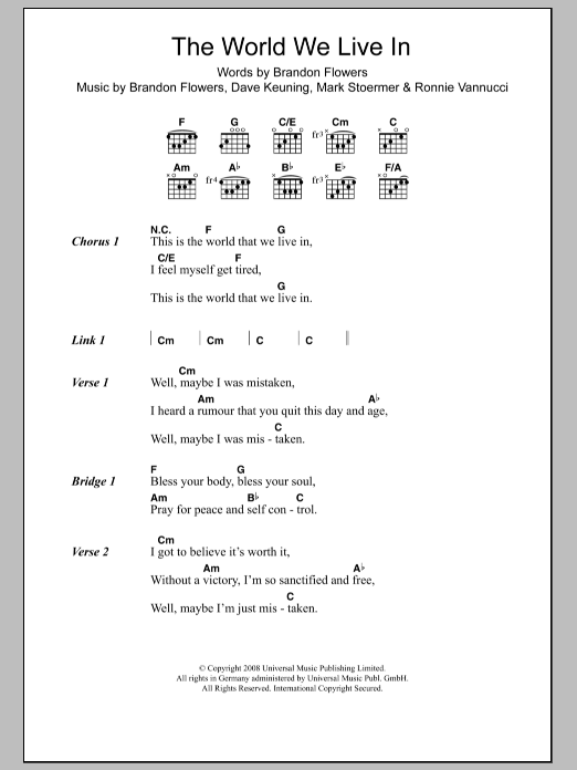 The Killers The World We Live In sheet music notes and chords. Download Printable PDF.