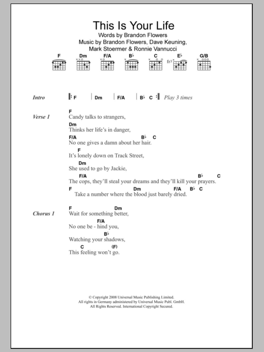 The Killers This Is Your Life sheet music notes and chords. Download Printable PDF.