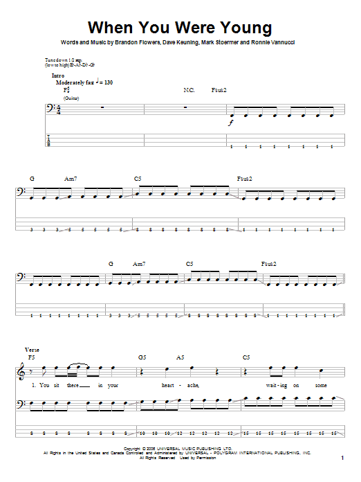 The Killers When You Were Young sheet music notes and chords. Download Printable PDF.