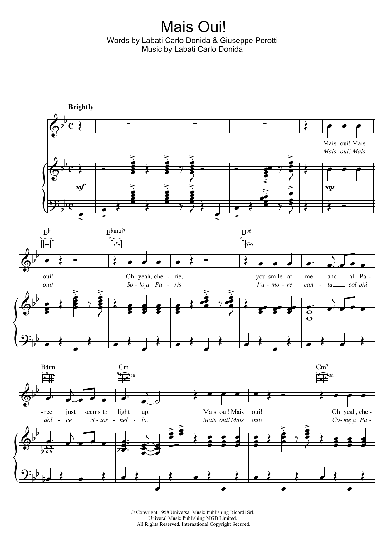 Learn to play The King Brothers Mais Oui sheet music for Piano, Vocal & Guitar Chords in minutes. Price: 7.8900$ The King Brothers Mais Oui sheet music notes and chords arranged for Piano, Vocal & Guitar Chords