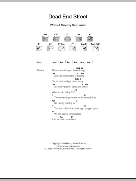 The Kinks Dead End Street sheet music notes and chords. Download Printable PDF.