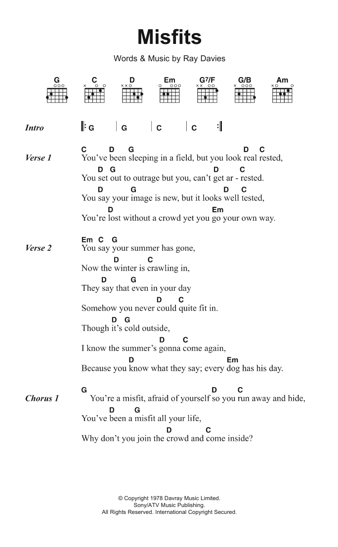 Learn to play The Kinks Misfits sheet music for Guitar Chords/Lyrics in minutes. Price: 4.4900$ The Kinks Misfits sheet music notes and chords arranged for Guitar Chords/Lyrics