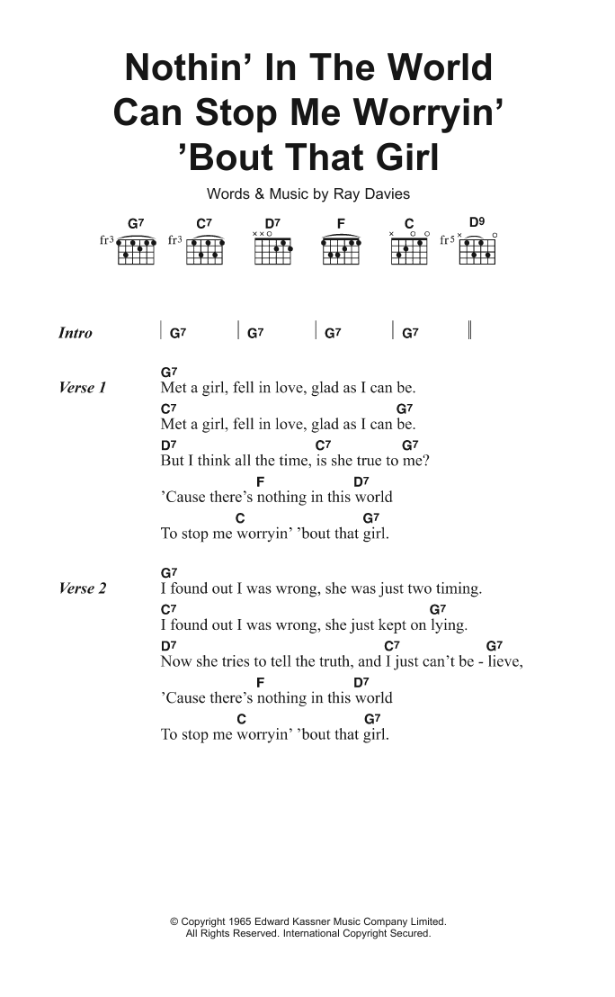 The Kinks Nothin' In The World Can Stop Me Worryin' 'Bout That Girl sheet music notes and chords. Download Printable PDF.