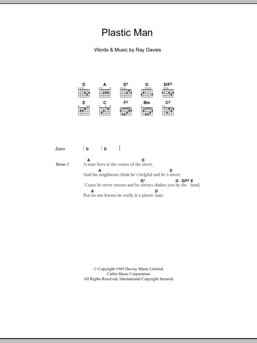 Learn to play The Kinks Plastic Man sheet music for Guitar Chords/Lyrics in minutes. Price: 4.4900$ The Kinks Plastic Man sheet music notes and chords arranged for Guitar Chords/Lyrics