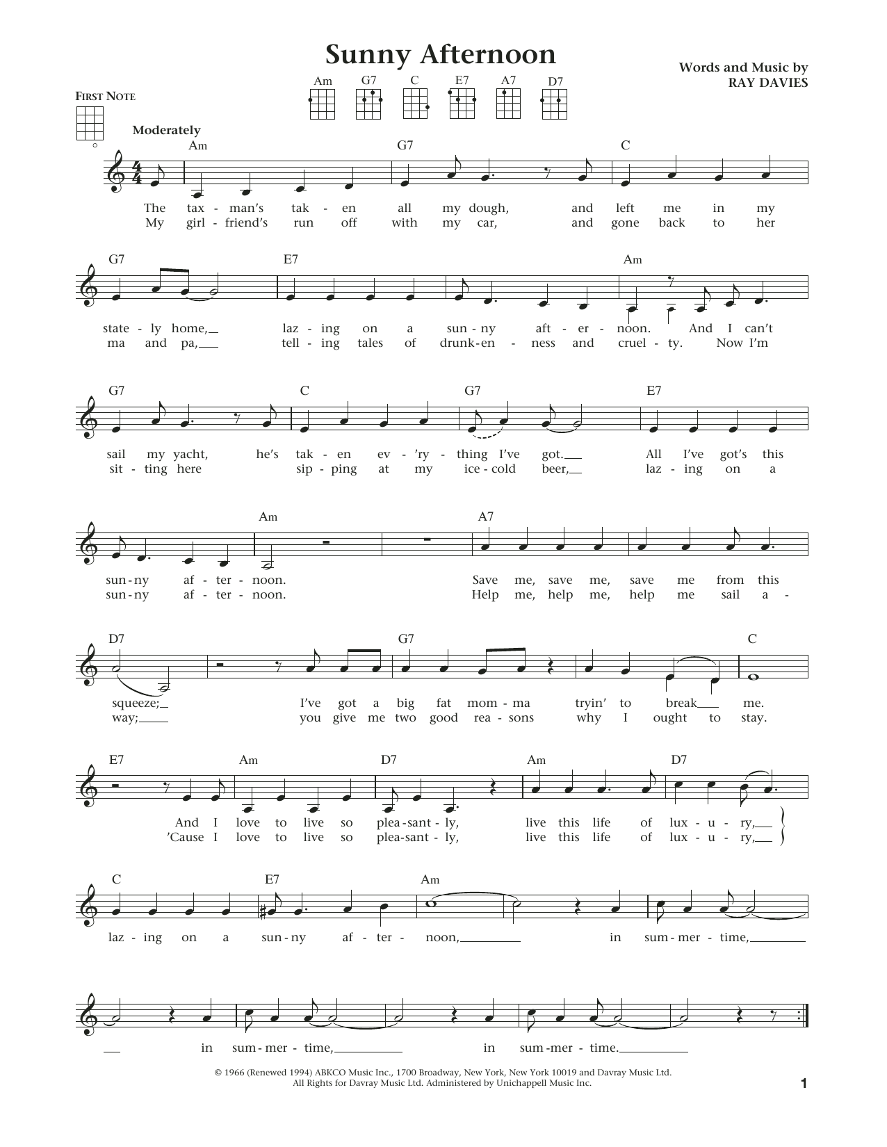 Learn to play The Kinks Sunny Afternoon (from The Daily Ukulele) (arr. Liz and Jim Beloff) sheet music for Ukulele in minutes. Price: 5.9900$ The Kinks Sunny Afternoon (from The Daily Ukulele) (arr. Liz and Jim Beloff) sheet music notes and chords arranged for Ukulele