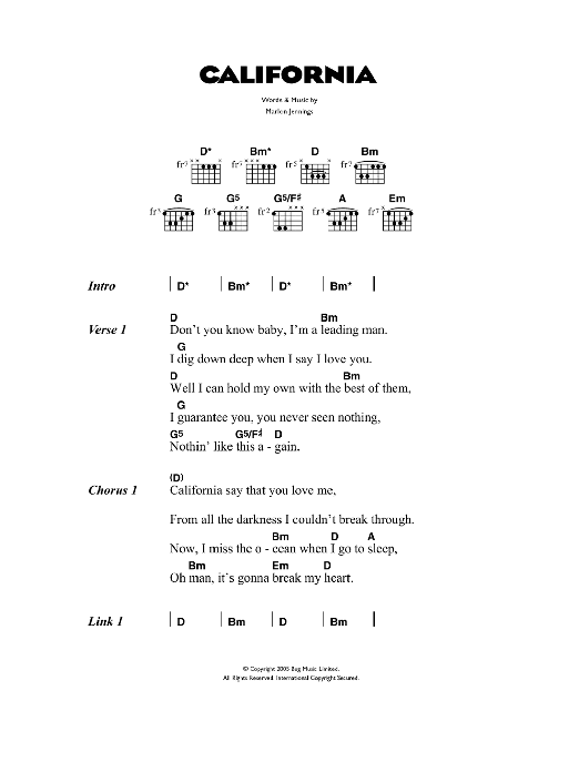 The Kooks California sheet music notes and chords. Download Printable PDF.