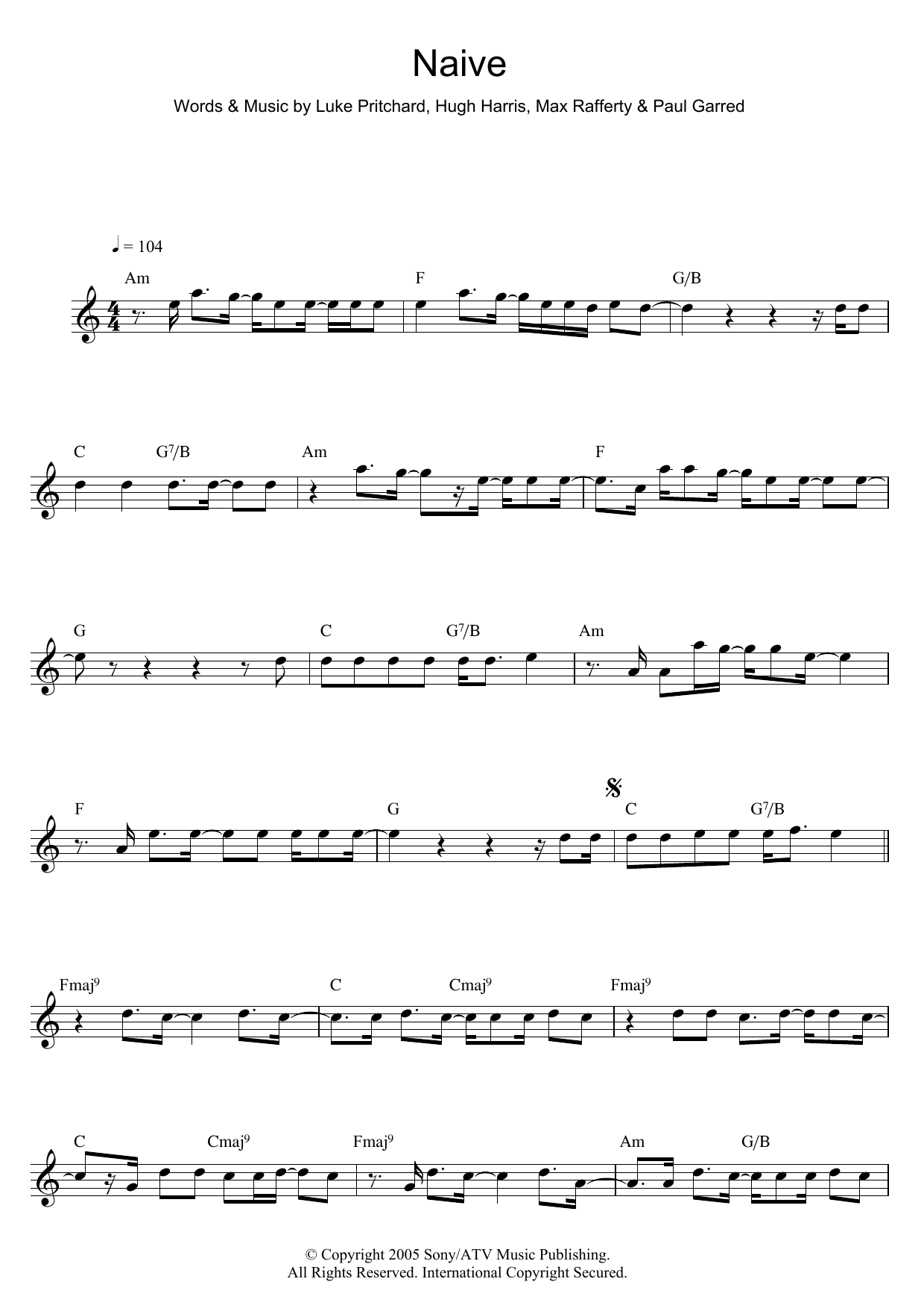 The Kooks Naive sheet music notes and chords. Download Printable PDF.