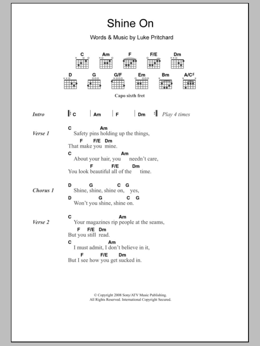 The Kooks Shine On sheet music notes and chords. Download Printable PDF.