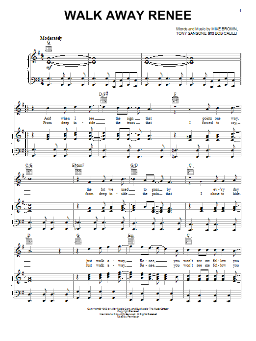 The Left Banke Walk Away Renee sheet music notes and chords. Download Printable PDF.