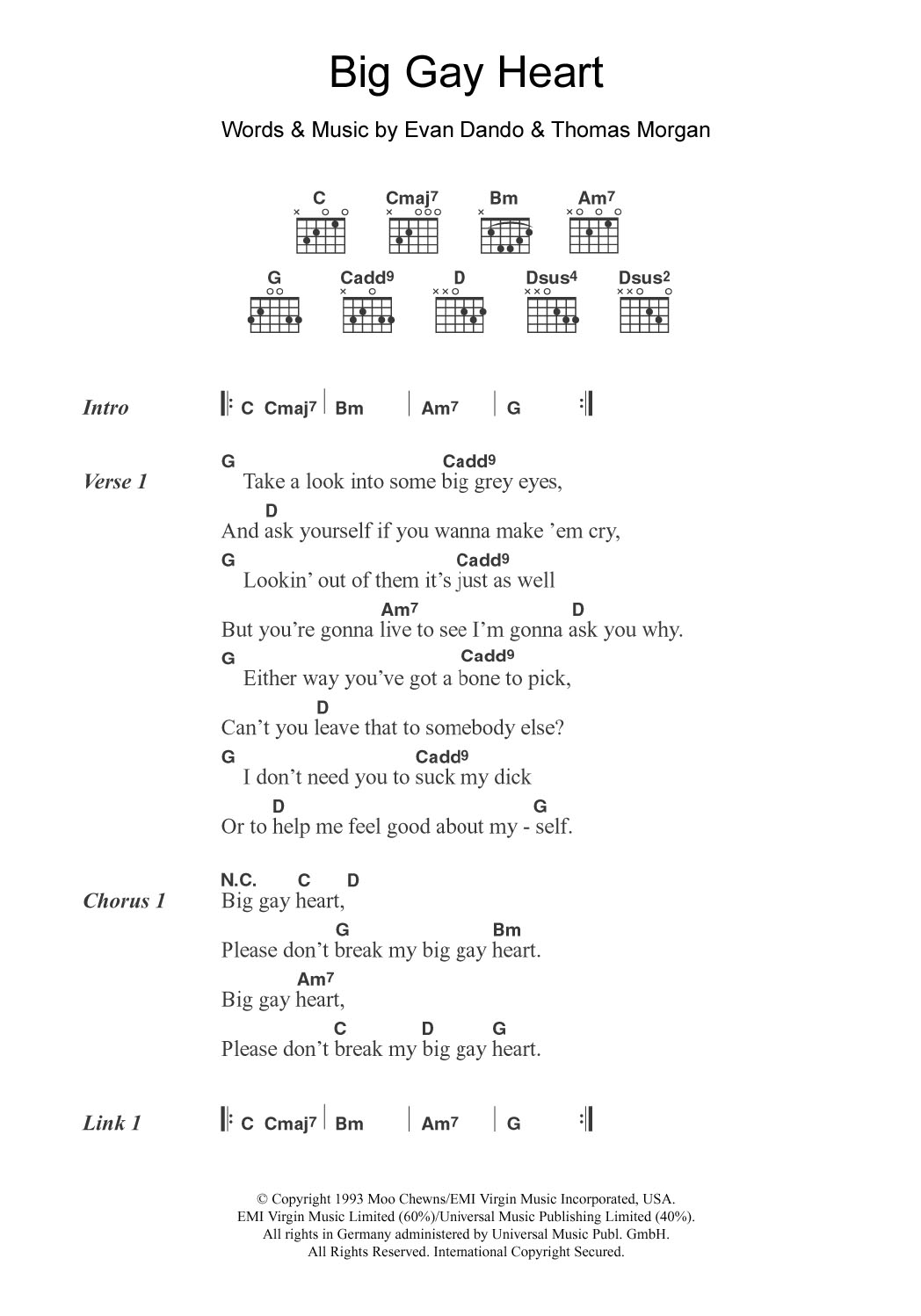 The Lemonheads Big Gay Heart sheet music notes and chords. Download Printable PDF.