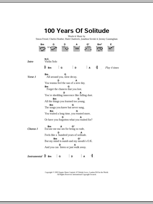 Learn to play The Levellers 100 Years Of Solitude sheet music for Guitar Chords/Lyrics in minutes. Price: 4.4900$ The Levellers 100 Years Of Solitude sheet music notes and chords arranged for Guitar Chords/Lyrics