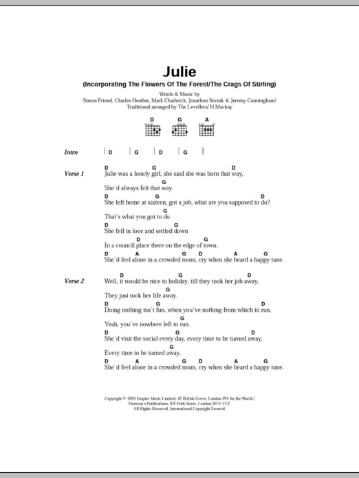 The Levellers Julie sheet music notes and chords. Download Printable PDF.