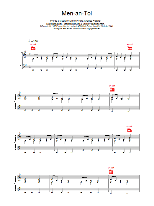 Learn to play The Levellers Men-an-Tol sheet music for Piano, Vocal & Guitar Chords in minutes. Price: 7.8900$ The Levellers Men-an-Tol sheet music notes and chords arranged for Piano, Vocal & Guitar Chords