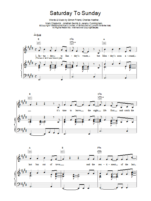 Learn to play The Levellers Saturday To Sunday sheet music for Piano, Vocal & Guitar Chords in minutes. Price: 7.8900$ The Levellers Saturday To Sunday sheet music notes and chords arranged for Piano, Vocal & Guitar Chords