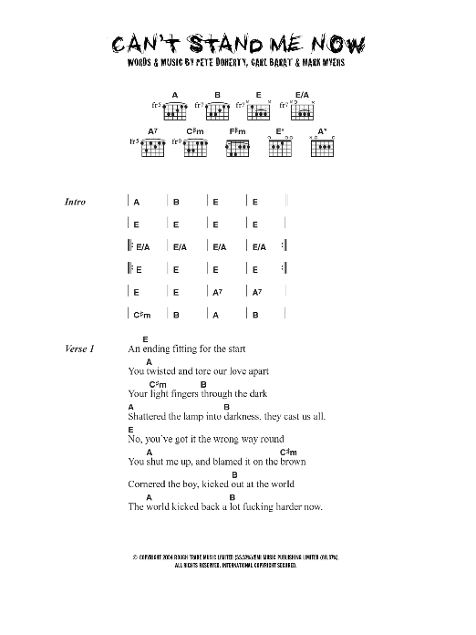 The Libertines Can't Stand Me Now sheet music notes and chords arranged for Guitar Chords/Lyrics