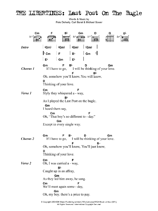 Learn to play The Libertines Last Post On The Bugle sheet music for Guitar Chords/Lyrics in minutes. Price: 4.4900$ The Libertines Last Post On The Bugle sheet music notes and chords arranged for Guitar Chords/Lyrics