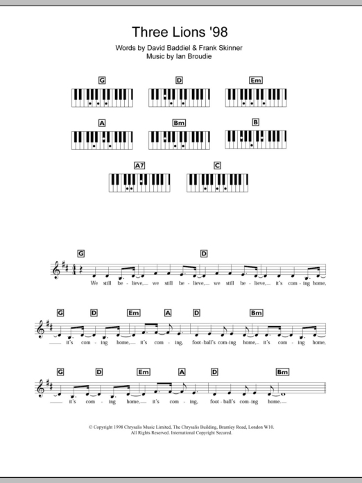 Learn to play The Lightning Seeds Three Lions '98 (England's World Cup '98 Theme) sheet music for Piano Chords/Lyrics in minutes. Price: 3.9900$ The Lightning Seeds Three Lions '98 (England's World Cup '98 Theme) sheet music notes and chords arranged for Piano Chords/Lyrics