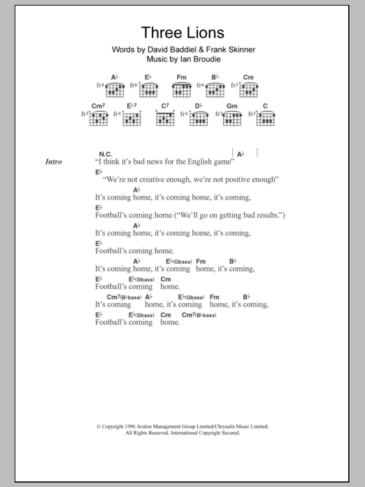 The Lightning Seeds Three Lions sheet music notes and chords. Download Printable PDF.