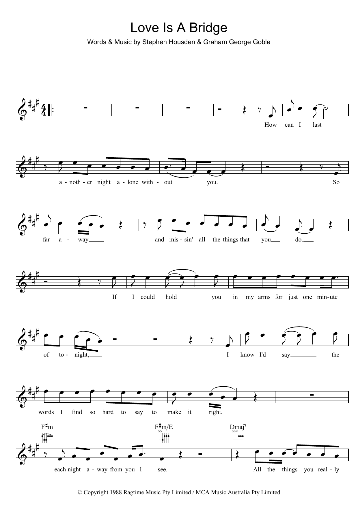 Learn to play The Little River Band Love Is A Bridge sheet music for Lead Sheet / Fake Book in minutes. Price: 5.9900$ The Little River Band Love Is A Bridge sheet music notes and chords arranged for Lead Sheet / Fake Book