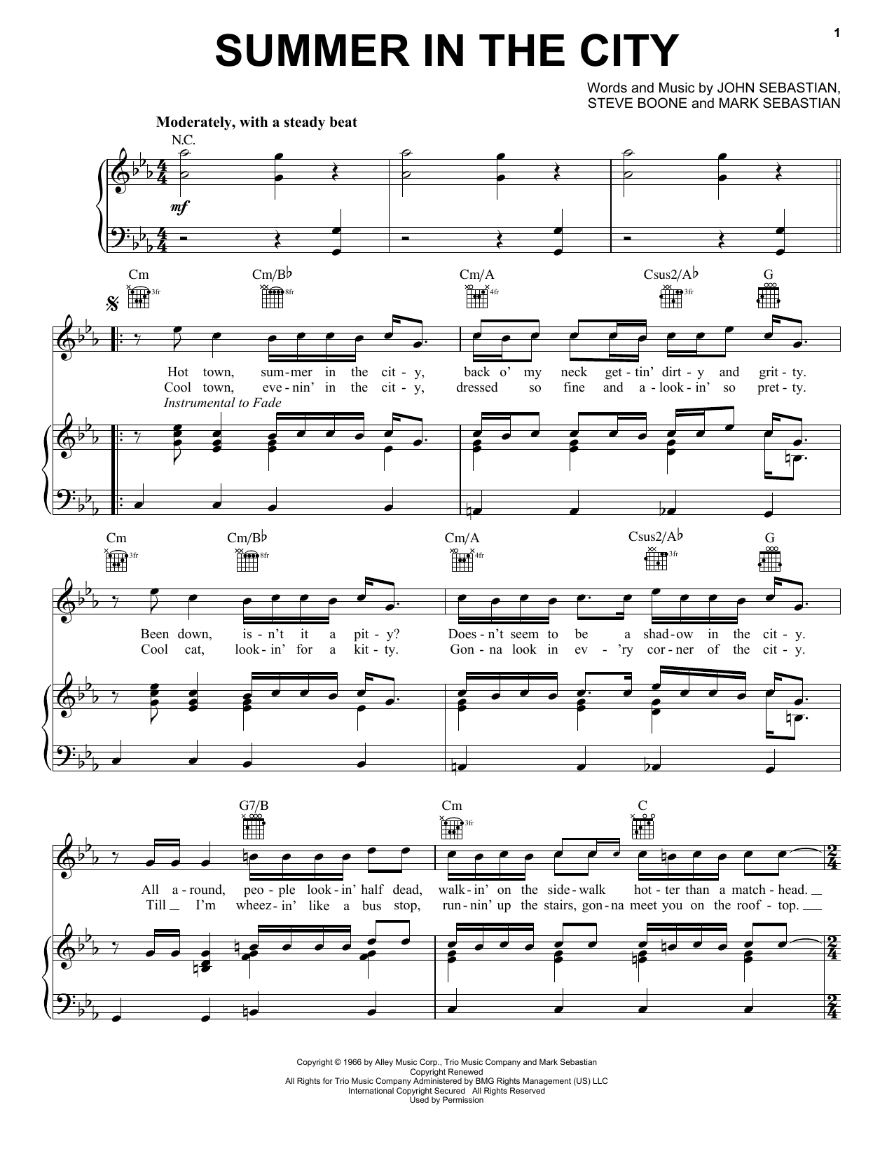 The Lovin' Spoonful Summer In The City sheet music notes and chords. Download Printable PDF.