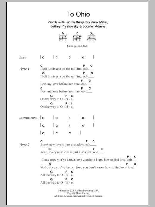 Learn to play The Low Anthem To Ohio sheet music for Guitar Chords/Lyrics in minutes. Price: 4.4900$ The Low Anthem To Ohio sheet music notes and chords arranged for Guitar Chords/Lyrics