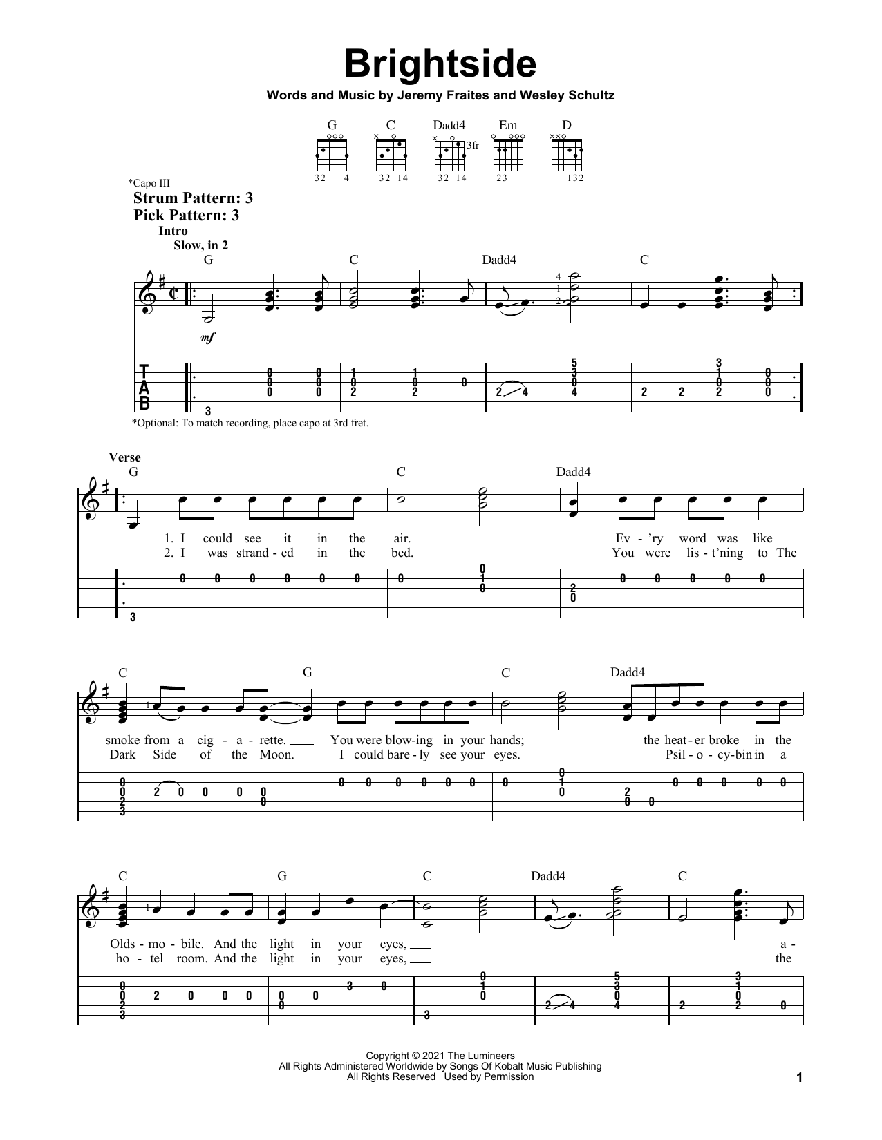 The Lumineers Brightside sheet music notes and chords. Download Printable PDF.