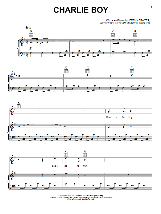 The Lumineers Charlie Boy sheet music notes and chords. Download Printable PDF.