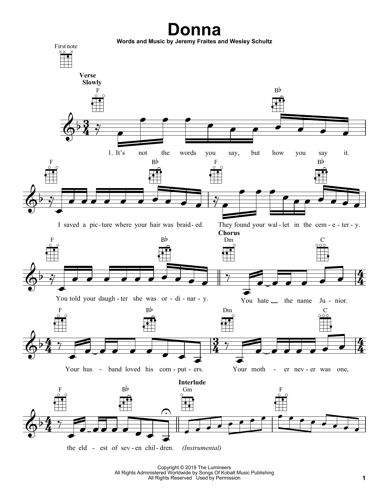 The Lumineers Donna sheet music notes and chords arranged for Ukulele