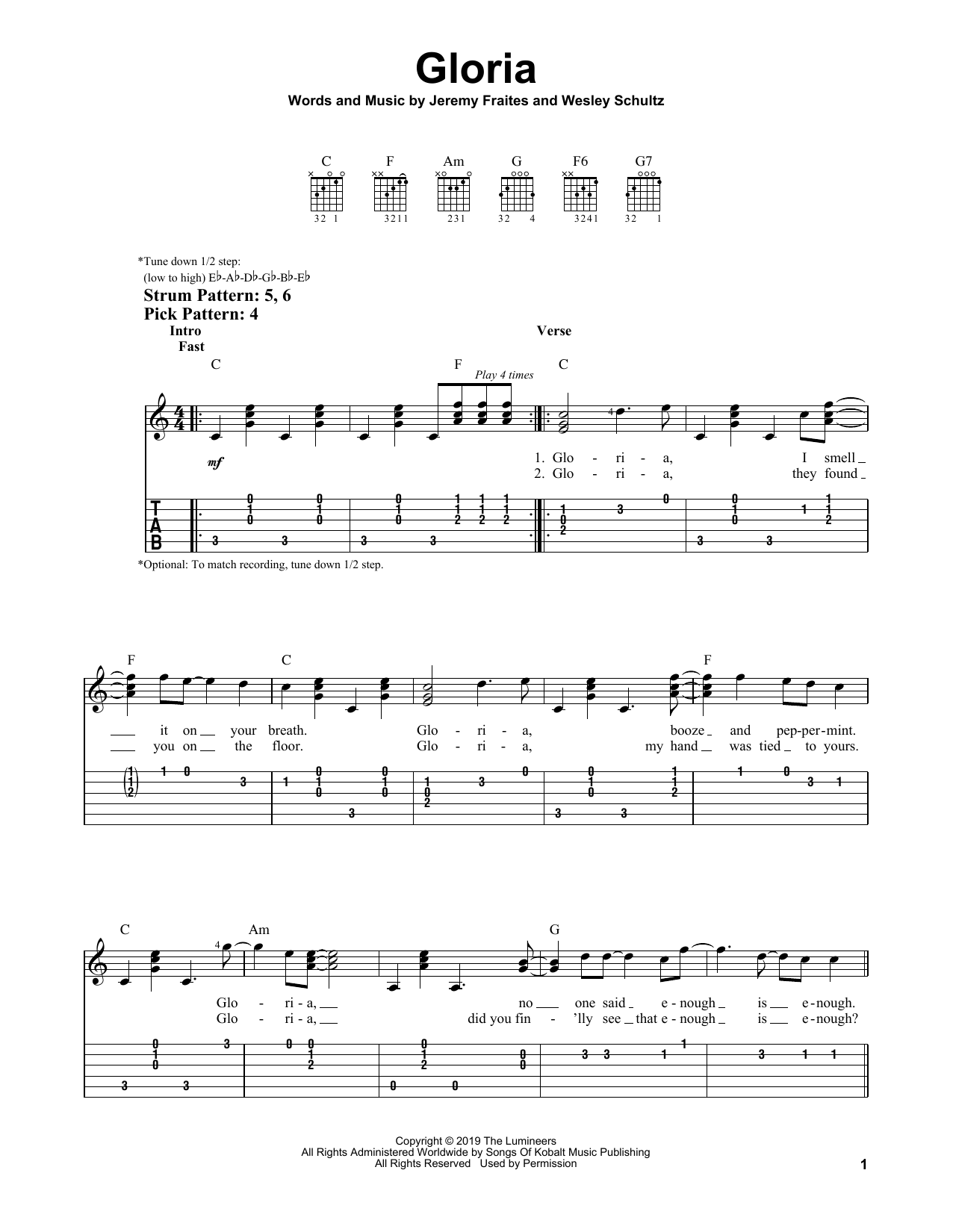 The Lumineers Gloria sheet music notes and chords arranged for Guitar Chords/Lyrics