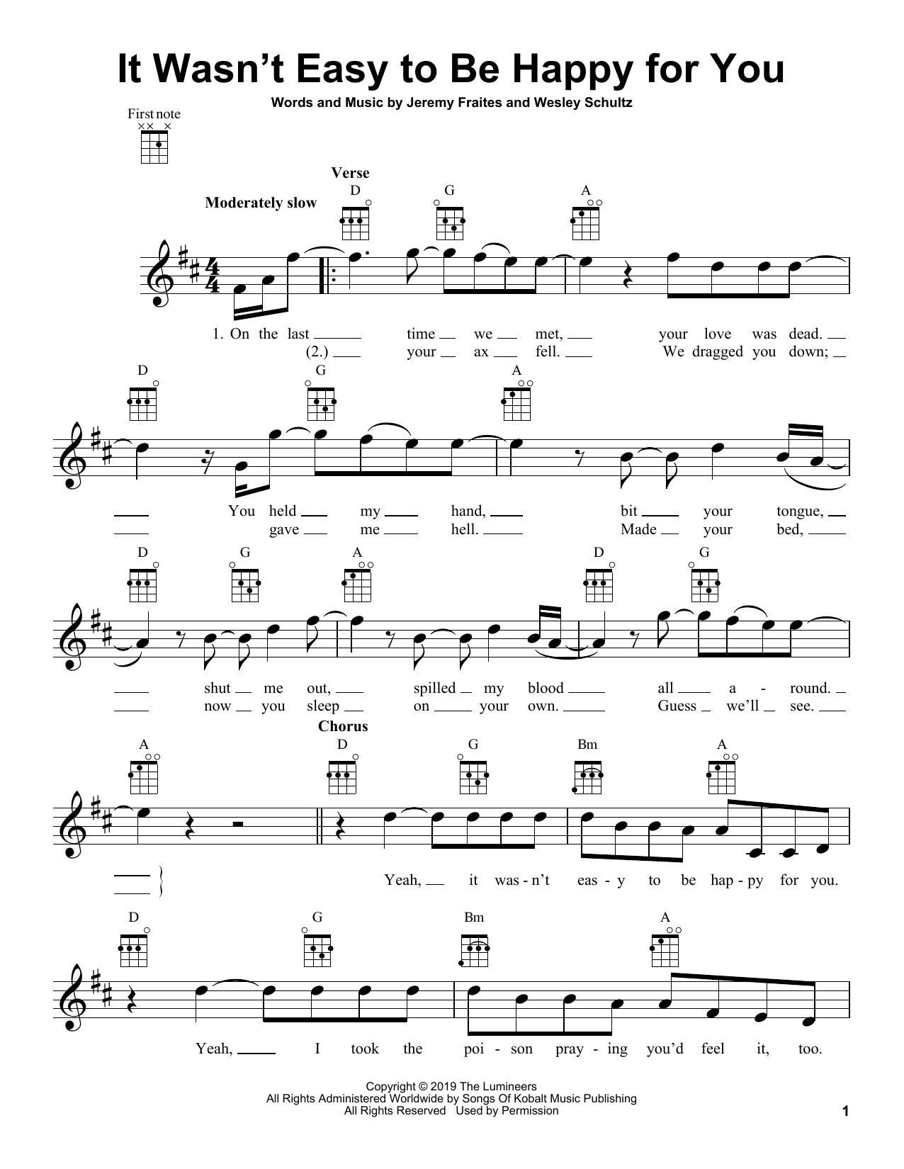 Learn to play The Lumineers It Wasn't Easy To Be Happy For You sheet music for Ukulele in minutes. Price: 5.9900$ The Lumineers It Wasn't Easy To Be Happy For You sheet music notes and chords arranged for Ukulele