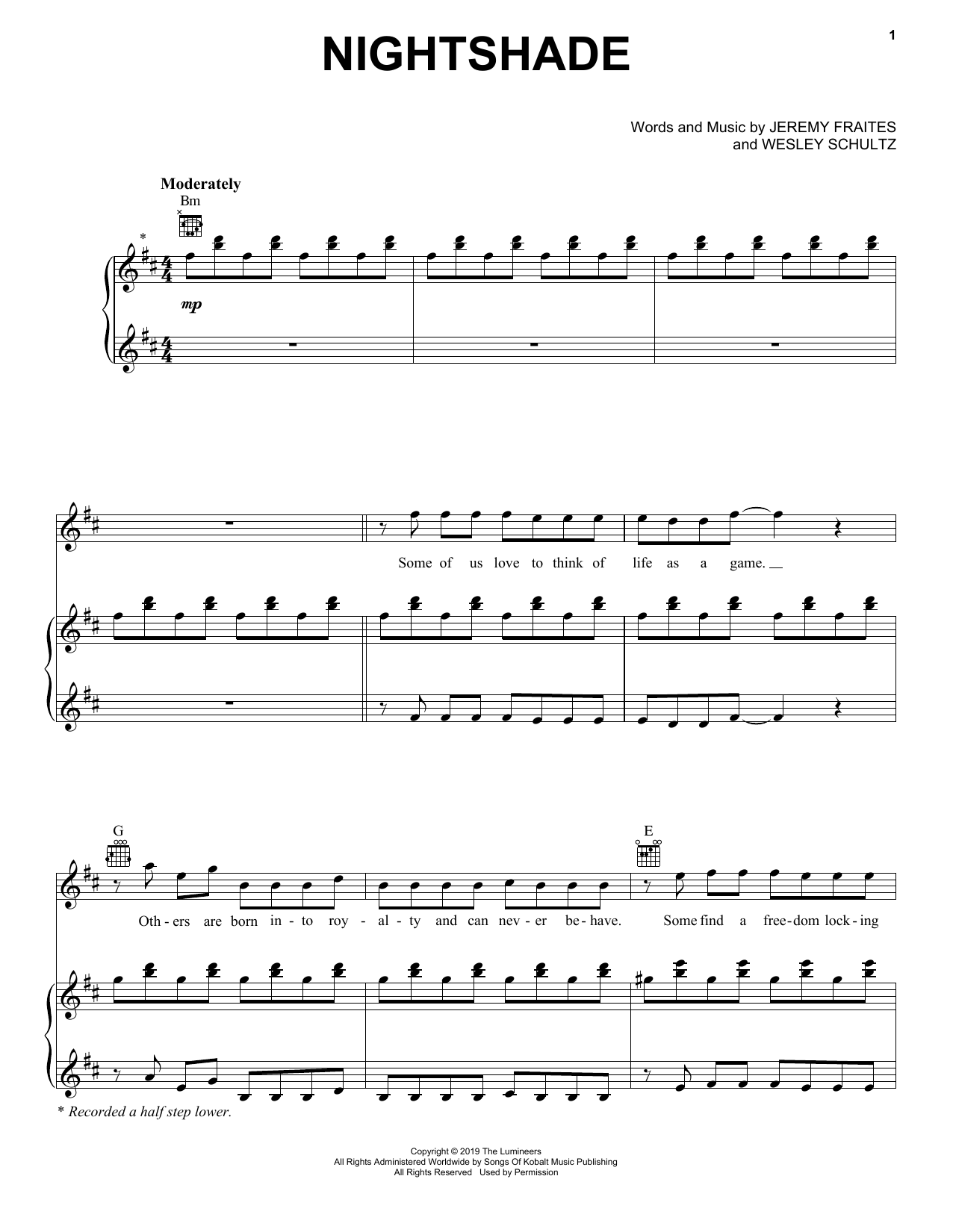 Learn to play The Lumineers Nightshade (from For the Throne: Music Inspired by Game of Thrones) sheet music for Piano, Vocal & Guitar Chords (Right-Hand Melody) in minutes. Price: 7.8900$ The Lumineers Nightshade (from For the Throne: Music Inspired by Game of Thrones) sheet music notes and chords arranged for Piano, Vocal & Guitar Chords (Right-Hand Melody)