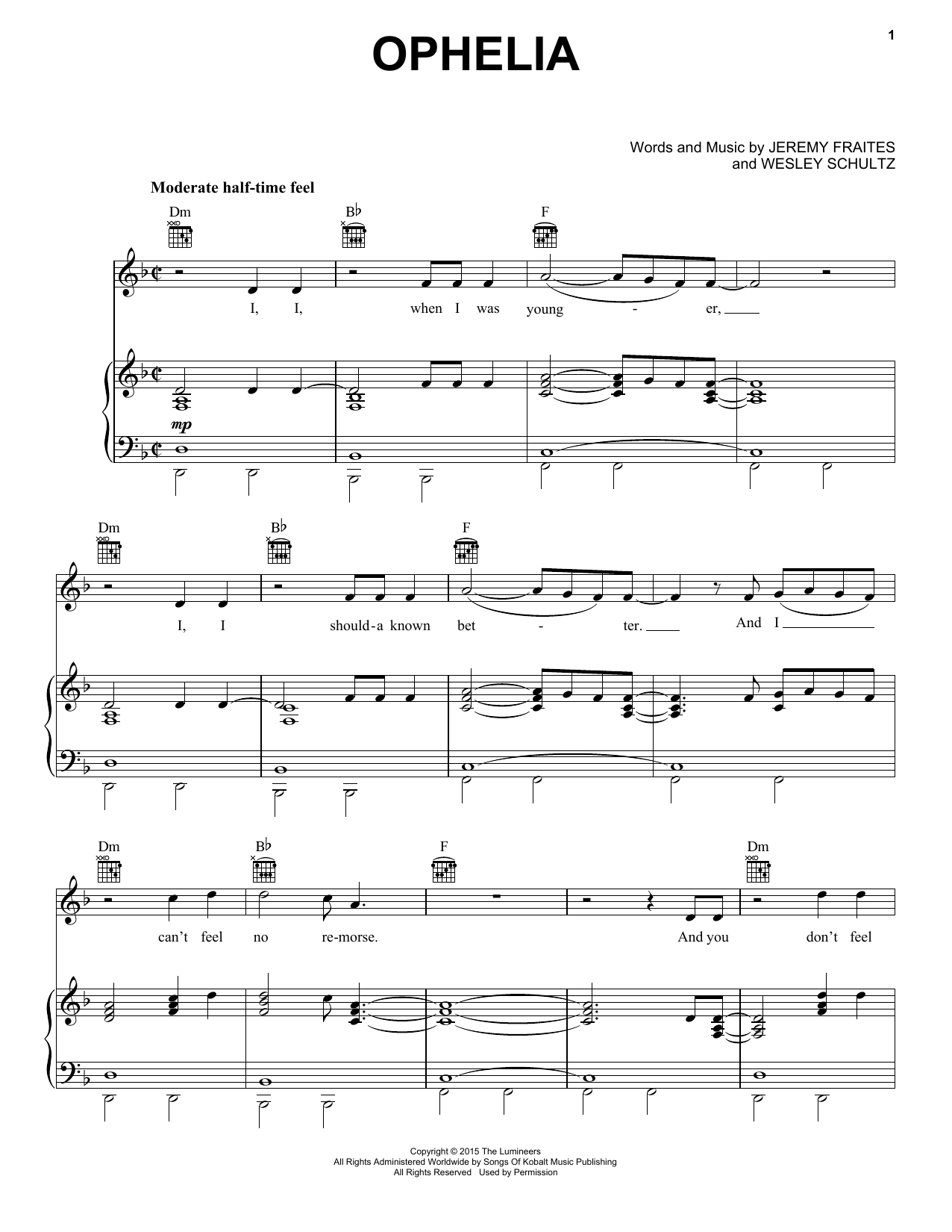 The Lumineers Ophelia sheet music notes and chords. Download Printable PDF.