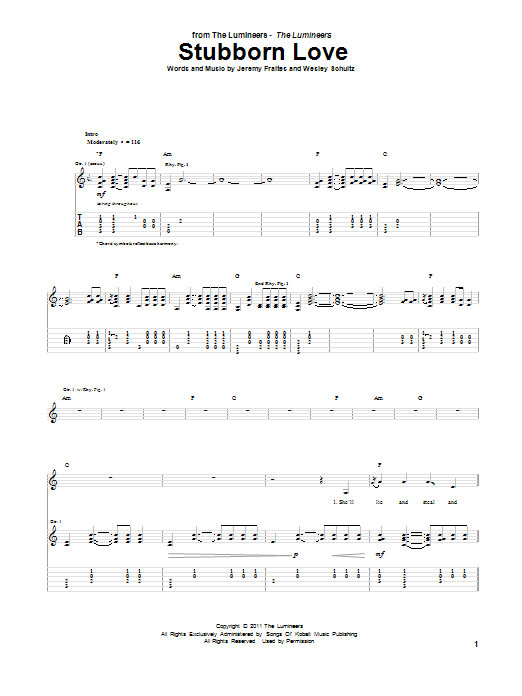 The Lumineers Stubborn Love sheet music notes and chords arranged for Guitar Tab