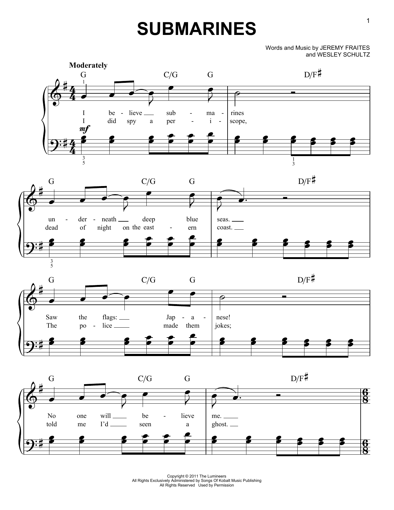 The Lumineers Submarines sheet music notes and chords. Download Printable PDF.