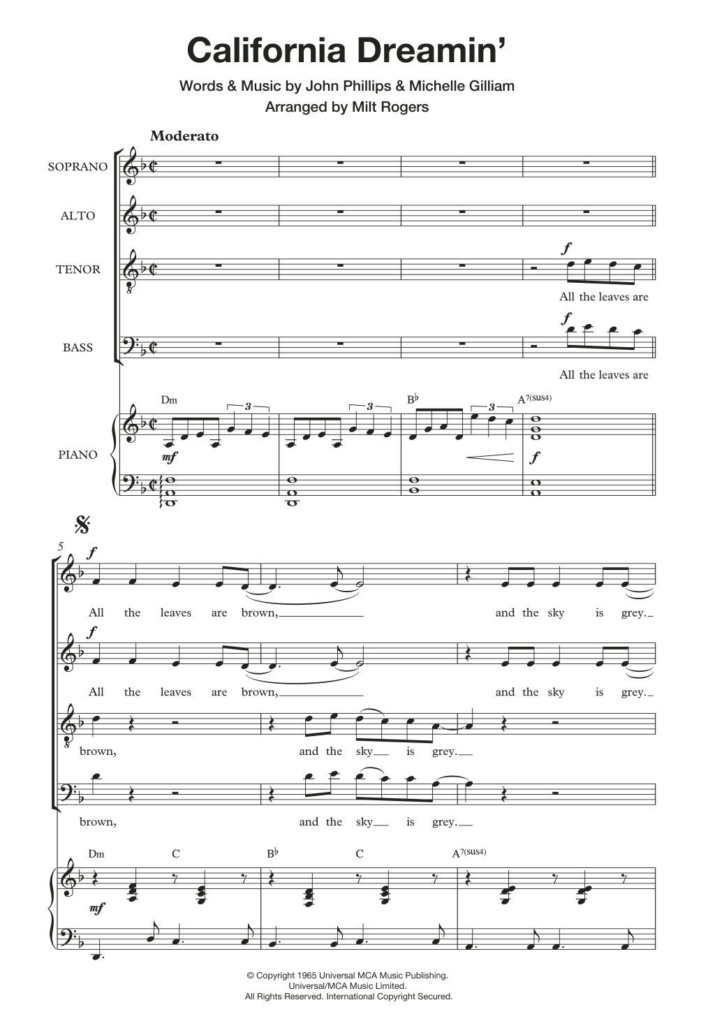 Learn to play The Mamas & The Papas California Dreamin' (arr. Milt Rogers) sheet music for Choir in minutes. Price: 3.9900$ The Mamas & The Papas California Dreamin' (arr. Milt Rogers) sheet music notes and chords arranged for Choir