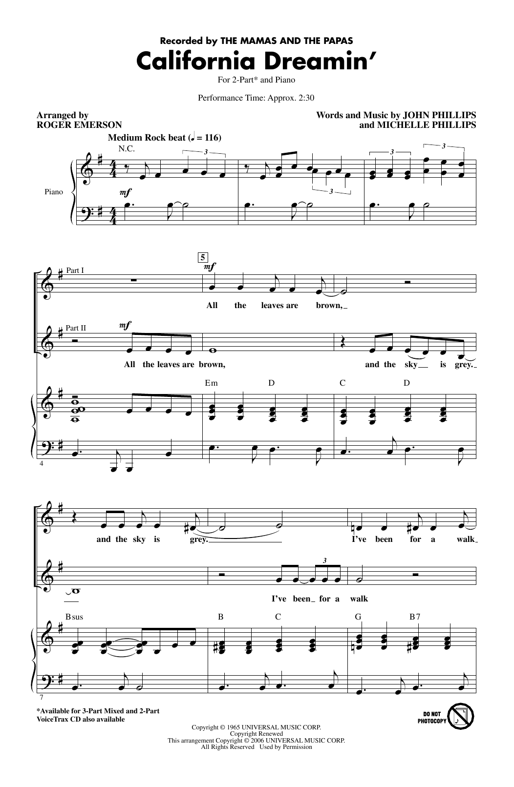 The Mamas & The Papas California Dreamin' (arr. Roger Emerson) sheet music notes and chords. Download Printable PDF.