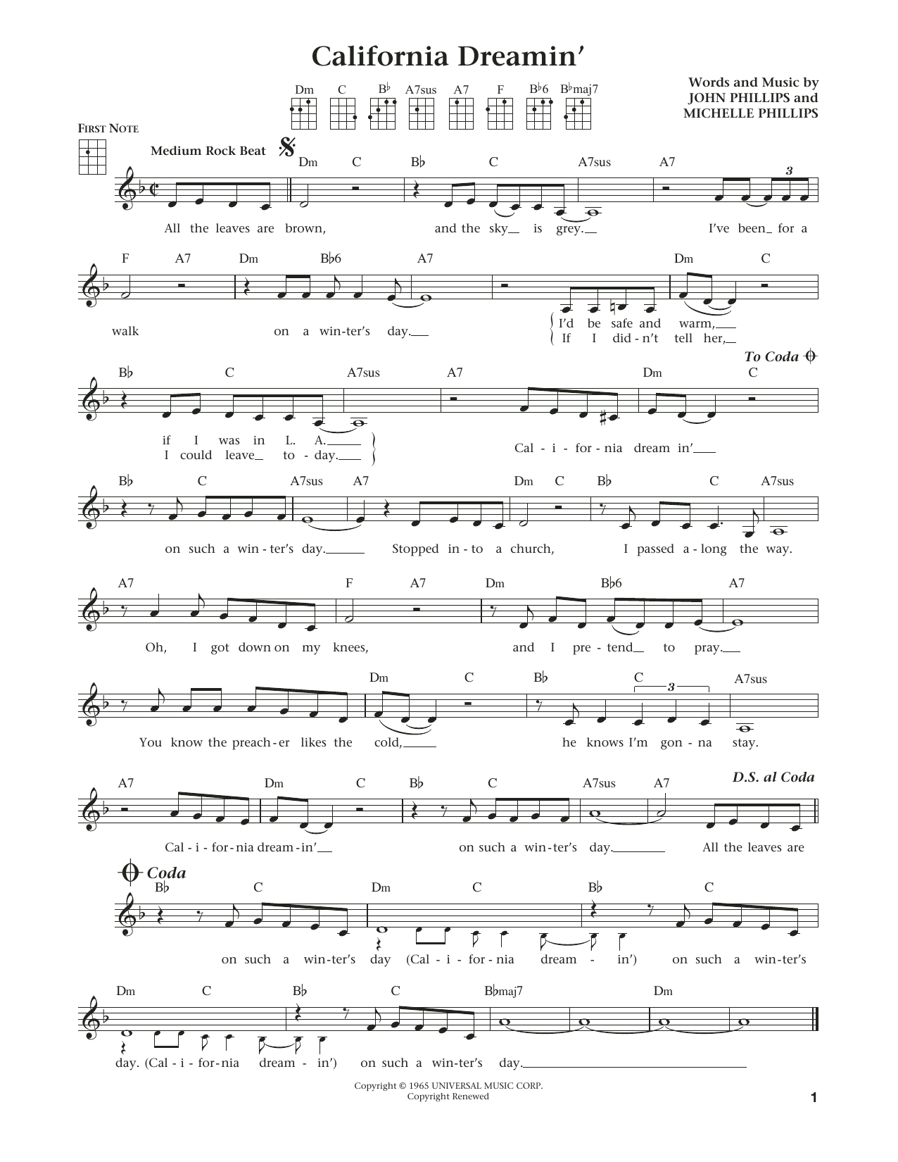 The Mamas & The Papas California Dreamin' (from The Daily Ukulele) (arr. Liz and Jim Beloff) sheet music notes and chords. Download Printable PDF.