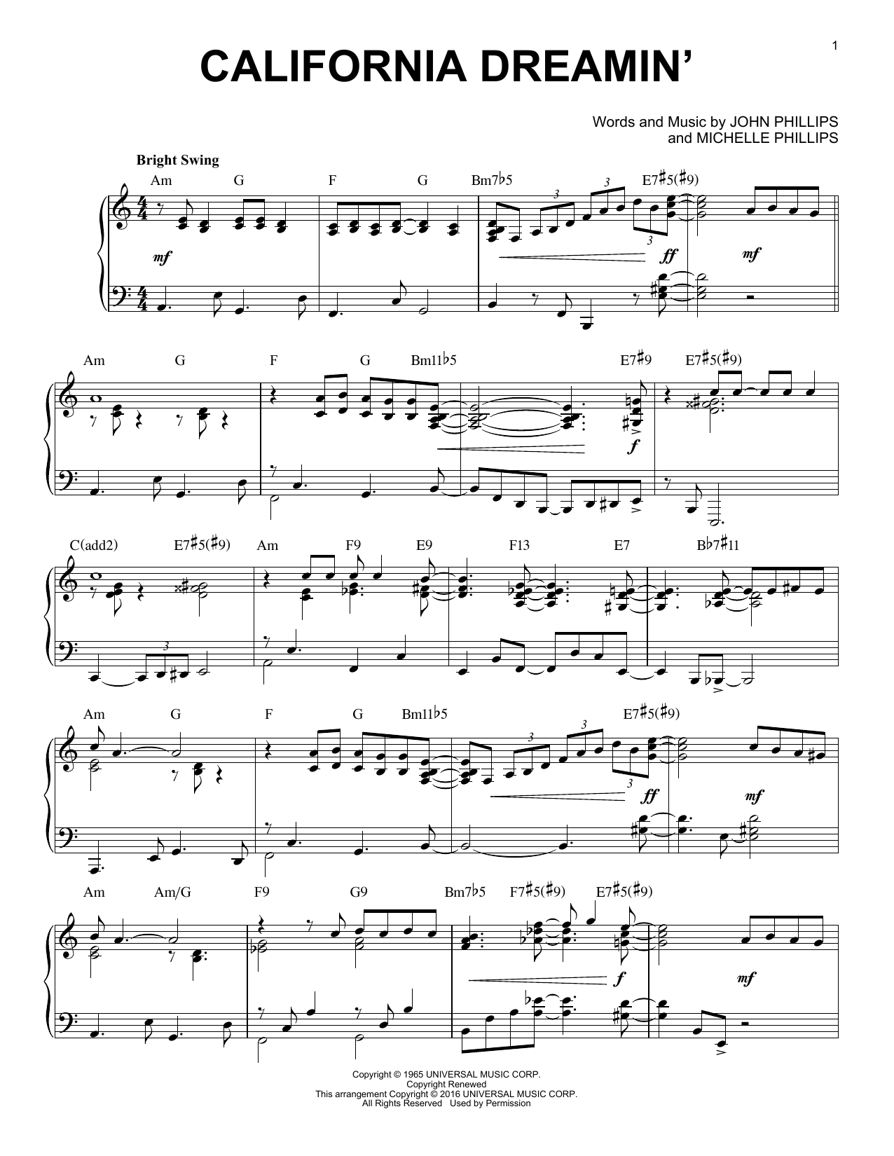 The Mamas & The Papas California Dreamin' [Jazz version] (arr. Brent Edstrom) sheet music notes and chords. Download Printable PDF.