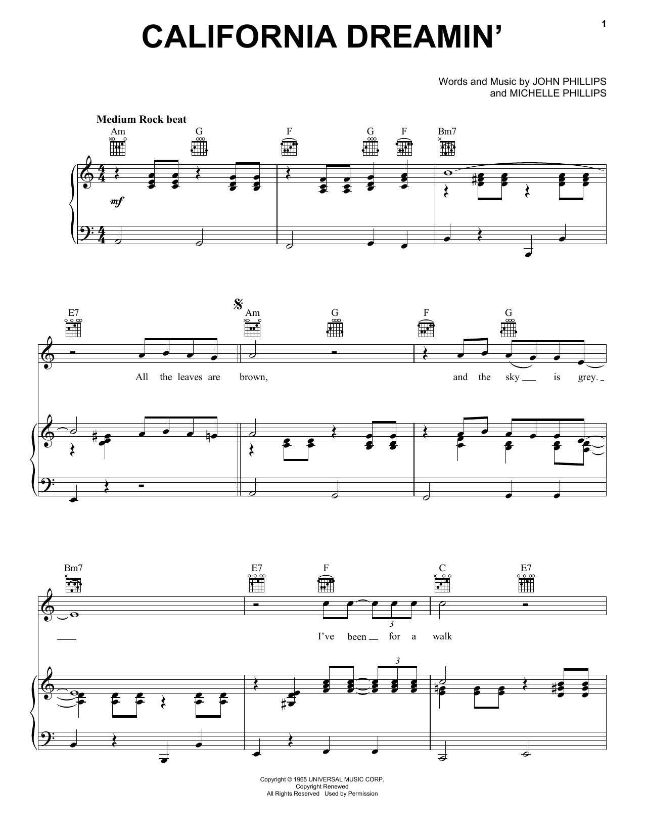 The Mamas & The Papas California Dreamin' sheet music notes and chords. Download Printable PDF.