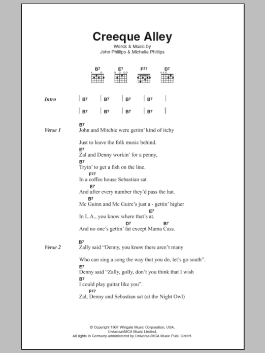 The Mamas & The Papas Creeque Alley sheet music notes and chords. Download Printable PDF.